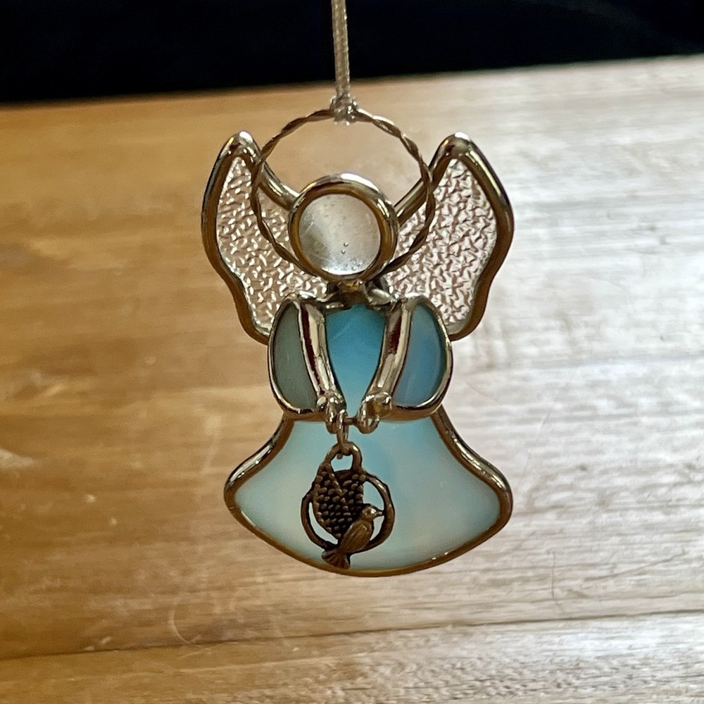 Vintage Stained Glass Angel Ornament‎ Blue Silver Opalescent Suncatcher 3"